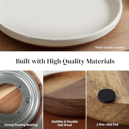 Ceramic Lazy Susan Turntable Organizer, 10.3 Inch Round Rotating Tray with Acacia Wood Base, White Speckled Glazed Spice Rack for Kitchen Countertop, Dining Table,Farmhouse Decor，Khaki White - Image 5