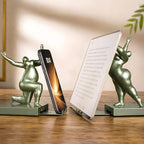 Sculptural Bookends Set of 2, Decorative Modern Bookends with Adjustable Phone & Tablet Holder, Artistic Resin Book Ends for Shelves, Heavy Duty Home & Office Decor – Metallic Sage - Image 6
