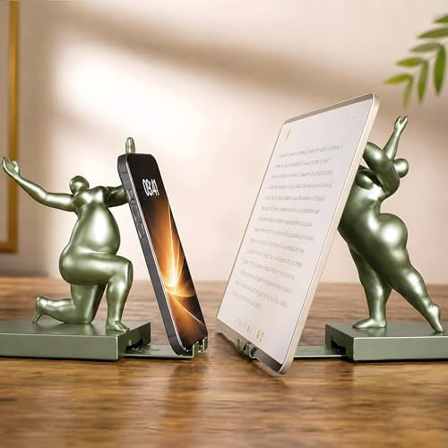 Sculptural Bookends Set of 2, Decorative Modern Bookends with Adjustable Phone & Tablet Holder, Artistic Resin Book Ends for Shelves, Heavy Duty Home & Office Decor – Metallic Sage - Image 6