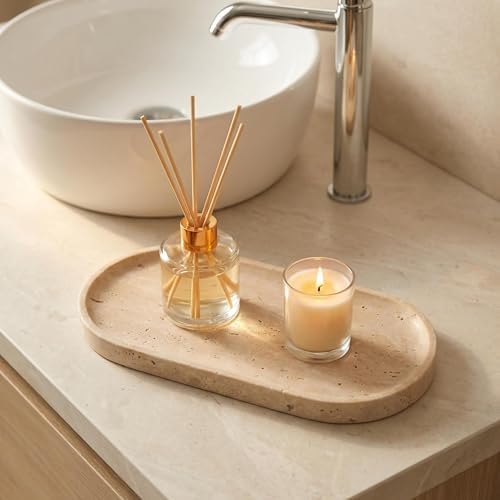 Beige Travertine Vanity Tray | Natural Stone Bathroom Organizer | Perfume & Jewelry Storage for Spa, Bedroom, Kitchen | Non-Slip Waterproof Design,9.8"x4.7"x0.6" - Image 3