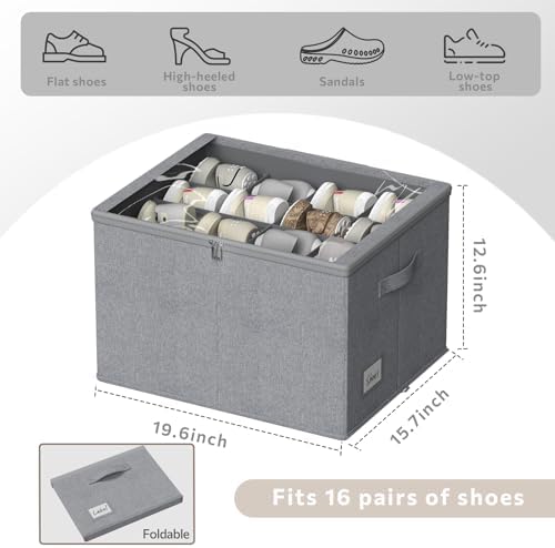 Shoe Organizer for Closet, 2 Pack Foldable Shoe Storage Box with Clear Cover and Adjustable Dividers, Stackable Storage Bins for Boots, Fits up to 32 Pairs (Grey, 19.7 × 15.7 × 12.6 in) - Image 2