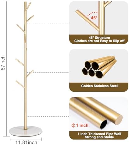 ZOZOE Coat Rack Stand with Marble Base,Golden Metal Coat Rack Freestanding - Image 4
