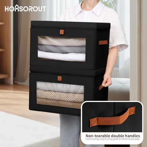 Homsorout Large Closet Storage Bins - Collapsible Clothes Organizer with Handles & Window, Decorative Boxes with Lids, Linen Closet Organizers for Living Room, Dorm, 5 Pack, Black - Image 5