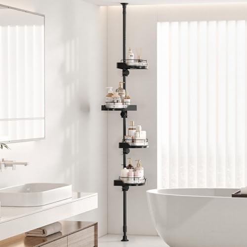 Coner Shower Caddy Tension Pole with 4 Lazy Susan Bathroom Corner Organizer 360° Rotating 35-128 Inch No Drilling Floor Standing Shelves Adjustable Shower Rack for Bathroom (Black) - Image 2