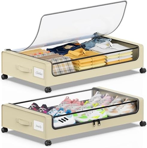 Beborxue Under Bed Storage with Wheels, 2-Pack Under the Bed Storage Containers with Lids, XXL 60L Under Bed Shoes Storage Organizer Bins, Rolling Underbed Storage for Clothes, Shoes, Blankets (Beige) by Beborxue-Life