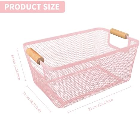 PTSGCAI 2Pack Metal Mesh Steel Basket with Bamboo Handle - Wire Metal Basket for Kitchen Organization, 12" Wide Food Organizer Bin, Perfect for Organizing Bulk Pantry (PINK) - Image 2