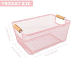 PTSGCAI 2Pack Metal Mesh Steel Basket with Bamboo Handle - Wire Metal Basket for Kitchen Organization, 12" Wide Food Organizer Bin, Perfect for Organizing Bulk Pantry (PINK) - Image 2
