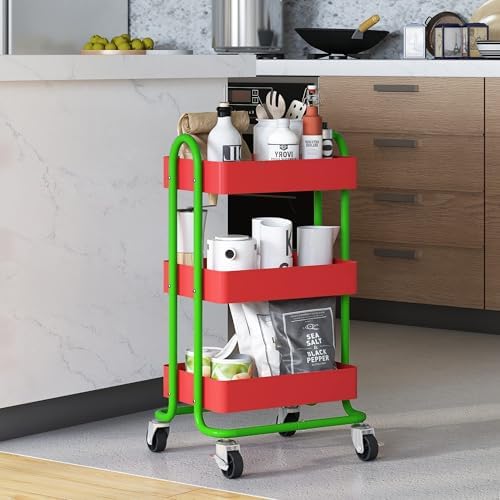 Metal Rolling Cart,3-Tier Metal Rolling Cart with Wheels,3 Tier Utility Cart with Wheels for Office,Home,Kitchen,Garden（13.4"x18.1"x31"） Red+Green - Image 5