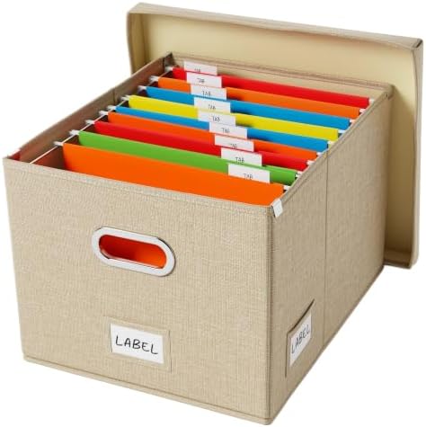 Hanging File Box with Lid & Metal Rails 16.7"x 13.6" x 11.2", Beige by DYWMM