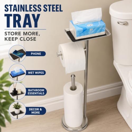 Toilet Paper Holder with Shelf, Freestanding Toilet Paper Stand with Tray for Small Items, Toilet Paper Holder with Storage Space for Extra 4Toilet Paper Rolls (Brushed Nickel, Stainless Steel Base) - Image 4