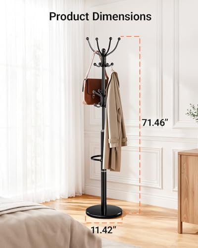 Pipishell Metal Heavy Duty Coat Rack with Sturdy Marble Base, Coat Tree with 16 Hooks & Detachable Umbrella Holder,Coat Rack Freestanding for Entryway, Corner, Bedroom and Home Office, Black - Image 5