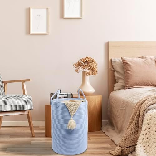 XUANGUO Cotton Rope Laundry Basket Hamper for Clothes, large light blue - Image 5