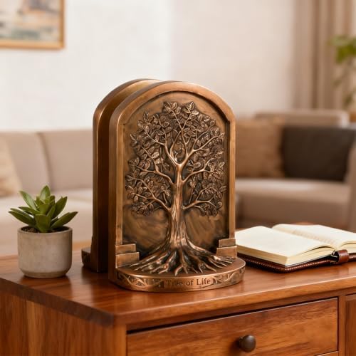 Large Vintage Tree of Life Bookends Set – 2 Non-Skid Heavy Bookends, Antique Bronze Finish Resin Decorative Bookends for Heavy Books, Office, Library, Bookshelf, Living Room, Housewarming Gift - Image 3