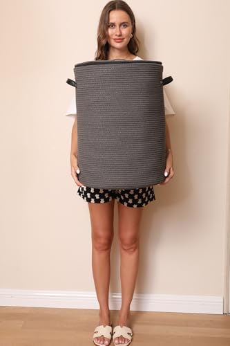 16"x20" Extra Large Cotton Rope Basket with Zipper Lid, Woven Laundry Hamper and Blanket Storage Basket, Round Clothes Bin for Living Room Bedroom, Dark Grey - Image 4