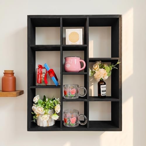 10 Grid coffee mug display shelf,19 X 24" Wooden cup shelf for wall,black by YIYUESHIJIU