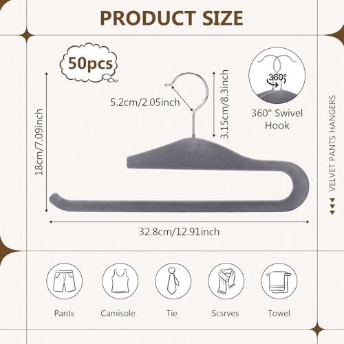 Novabright 50 Pack Velvet Pants Hangers, Slim Open Ended Design, Gray - Image 2