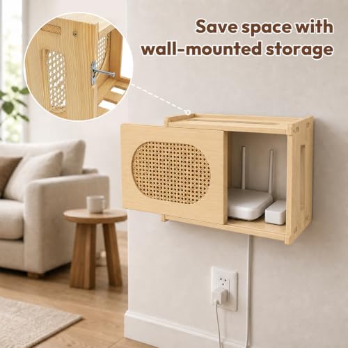 Wooden Wi-Fi Router Box Hider, Rattan Door, Standard Wall Mountable Decorative Modem Shelf, Fits Routers Up to 11" Tall, Power Strip Cable Organizer Rack - Light Wood Grain - Image 4