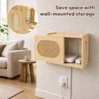 Wooden Wi-Fi Router Box Hider, Rattan Door, Standard Wall Mountable Decorative Modem Shelf, Fits Routers Up to 11" Tall, Power Strip Cable Organizer Rack - Light Wood Grain - Image 4