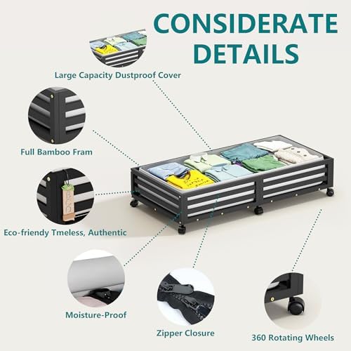 Wisuce Bamboo Under Bed Storage Containers- Underbed Organizer with Wheels with Large Dust Bag,Sturdy Wood Rolling Under the Bed Shoe Storage Organizer Drawer 2 Packs (Black, 2 Pack (30.72"×16.54")) - Image 3