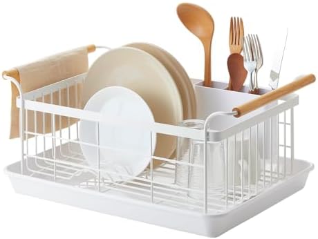YAMAZAKI Home Dish Drying Rack – Modern White Dish Rack for Kitchen Counter with Removable Drying Tray and Cutlery Holder, Steel + Wood Dish Drying Organizer - Steel + Wood - by Unknown