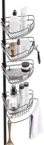 Zenna Home Tension Pole Shower Caddy Corner Organizer, Adjustable Standing Shower Caddy with 4 Baskets and Built in Towel Bar, Rust Resistant Bathroom Tension Rod Organizer, 60 to 97 Inch, Bronze by ZennaHome