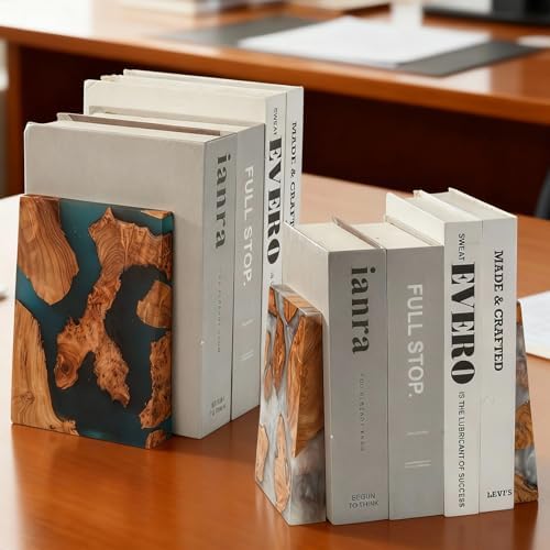 Glow in The Dark Bookends, Wood Bookends for Shelves,Blue Luminous Book Ends with Burl Wood and Resin,Decorative Book Stopper Binder and Dividers, Blue, Large,Unique Desk Decor for Home Office Library - Image 6