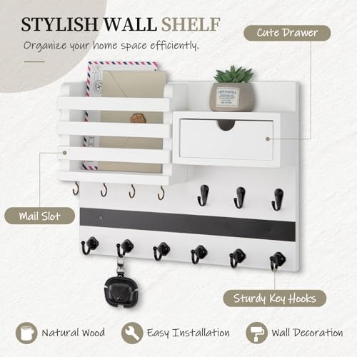 Nekon Key Holder Wall Mount with Drawer, 14.5" Mail Holder, White - Image 2