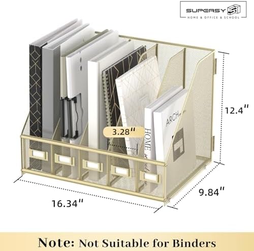 SUPEASY Desk Organizers Metal Desk Magazine File Holder with 5 Vertical Compartments Rack File Organizer for Office Desktop, Classroom, Home Workspace, Golden Yellow - Image 3