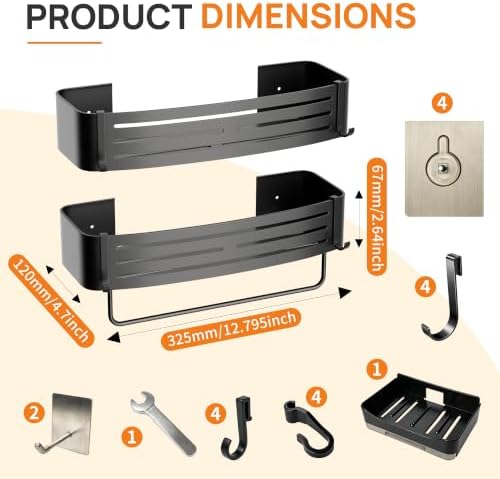 Black Adhesive Square Shower Caddy with Towel Bar, Soap Holder and Hooks - Image 2