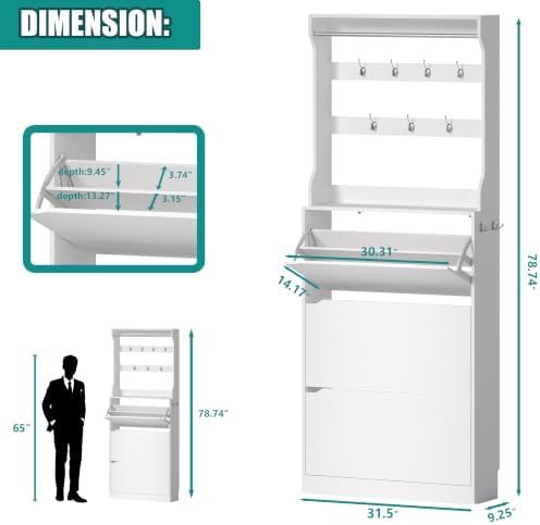 Shoe Cabinet for Entryway with 3 Flip Drawers, White Tall Wood Shoe Storage Cabinet with Coat Rack, Narrow Hidden Slim Freestanding Shoe Rack Organizer, 2 in 1 Hall Tree for Living Room, Hallway - Image 2