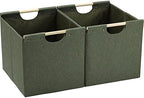 HOONEX Large Collapsible Storage Bins, Linen Fabric, Pack of 2, Storage Baskets with Wooden Carry Handles and Sturdy Heavy Cardboard, for Home, Office, Car, Nursery, Olive by HOONEX