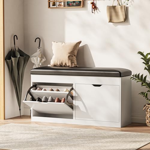 40" Shoe Storage Bench with 2 Flip Drawers & Padded Seat Cushion, Shoe Cabinet with Lift Top Storage Box, Shoe Bench Shoe Organizer for Entryway, Hallway, Living Room, White by Astimey