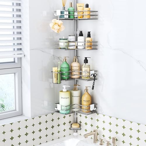 HapiRm Corner Shower Caddy Organizer - Shower Organizer Corner with Soap Holder, Toothbrush Holder and 4 Hooks, Rustproof Bathroom Shelf Tension Pole Available for 27.6 to 108.3 Inch - Silver by HapiRm