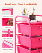 VEVOR Rolling Cart with Drawers, 4 Drawer Storage Organizer, Mobile Utility Cart with Steel Frame, Universal Casters & 2 Brakes, for Office, Classroom, Craft Tools, Garage, Cleaning Supplies, Rose Red - Image 5
