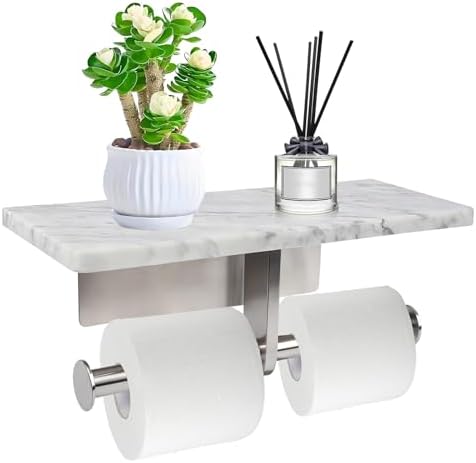 Toilet Paper Holder with Natural Marble Shelf for Bathroom Washroom,Wall Mounted Tissue Holder Suitable for Mega Roll (Brushed Nickel, Large 11.8 * 4.7) by Nodafuer