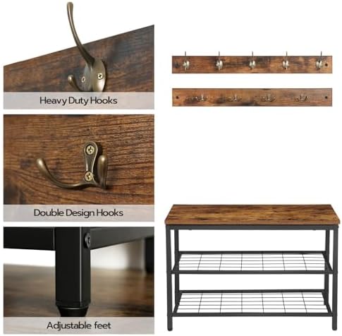 HOOBRO Hall Tree with Bench, Coat Rack Shoe Bench Set, Entryway Shoe Rack with Coat Hooks, Hall Tree Coat Rack, Mud Room, Industrial, for Foyer, Front Door, Rustic Brown BF07MT01 - Image 6