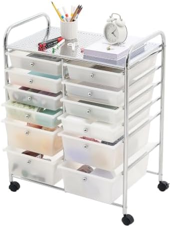VEVOR Rolling Cart with Drawers, Double Row 12 Drawer Storage Organizer, Mobile Utility Cart with Chrome Steel Frame, Universal Casters & 2 Brakes, for Office, Classroom, Craft Room, Studio, Garage by VEVOR