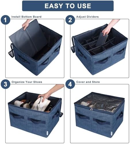 Moteph Shoe Organizer Closet Storage Solution with Clear Cover & Adjustable Dividers for Shoes, Handbags, Blankets, Linen, Clothing (Medium - 16 Pairs, Navy Blue) - Image 5