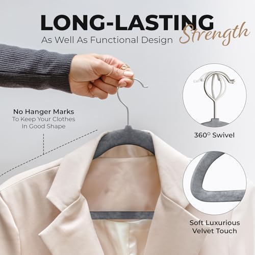 Our Modern Space 100 Pack Velvet Hanger for Shirt Pants Dresses Skirts Suits Jackets - Slim Space Saving Design - Standard Coat Hanger - Sturdy & Durable Design with Shoulder Grooves Hook - Image 4
