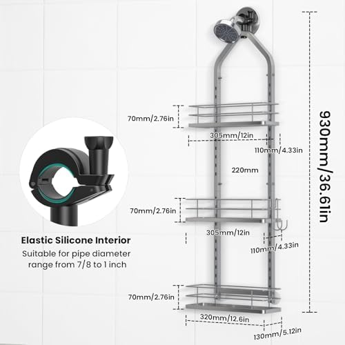 Shower Caddy Hanging (Silver), Adjustable Anti-Swing-Over The Shower Head Caddy, 3 Tier Height Bathroom Storage Organizer Bathroom Shelves Basket Rack Shower Caddies (3Tier) - Image 6