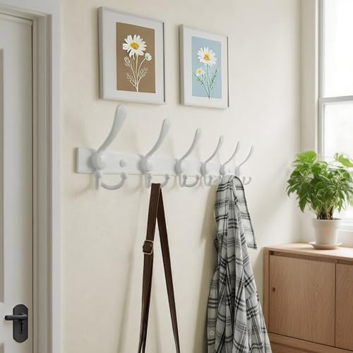 Dseap Coat Rack Wall Mount 24 Inch, Heavy Duty 12-Gauge Base vs Flimsy 1mm, Double-Thick Solid Anti-Snap Hooks, Stainless Steel 6-Hook Hanger Organizer for Clothes Hat Closet Entryway, White - Image 4
