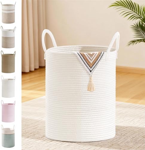53L Tall Cotton Rope Laundry Basket with Handles, White by SunNewt