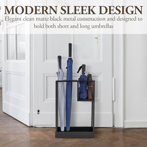 MyGift Modern Black Metal Entryway Umbrella Rack with Geometric Design, 13 x 5-inch Wide Rectangular Freestanding Cane Umbrella Holder with Shelf for Small Umbrellas and Bottom Drip Catch Tray - Image 2
