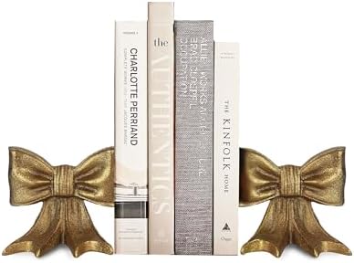 Gold Bow Metal Bookends Set of 2 Heavy Duty Cast Iron Book Ends for Heavy Books Unique Modern Decorative Book Holders for Shelves Home Accent Decor by REMENNA