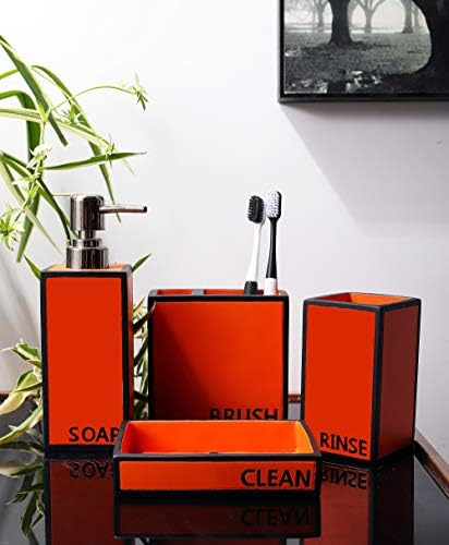 Hymmah Bathroom Accessories Set,Toothbrush Holder,Farmhouse Bathroom Decor,4 Pcs Resin Gift Set Apartment Necessities, Contain Toothbrush Cup,Soap Dispenser,Soap Dish,Tumbler Orange - Image 6