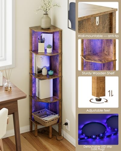 Corner Shelf Stand, 5 Tier Corner Bookshelf,Corner Furniture for Bedroom Display Corner Shelf for Small Space,Wood Shelves with Storage Rack for Living Room,Office, Rustic Brown - Image 4