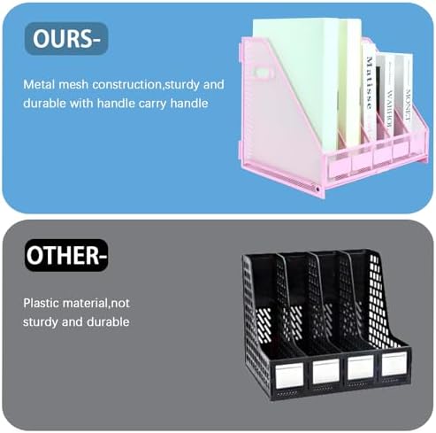 Desk Organizers Metal Magazine File Holder Racks Desktop Folder Storage Binder Organiser Document Organization for Home Office & Classroom,5 Vertical Compartments-Pink - Image 4