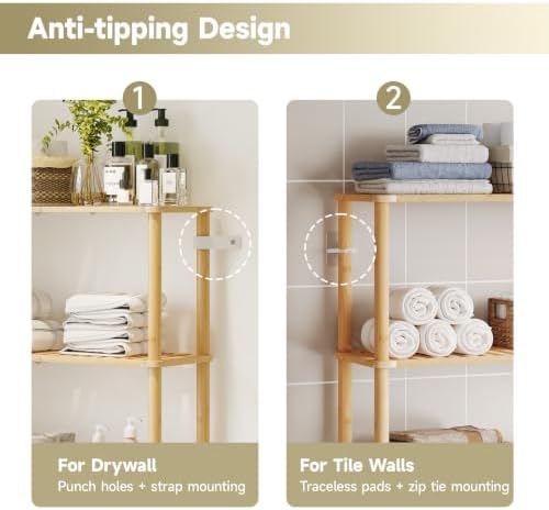 Over The Toilet Storage,3-Tier Bamboo Bathroom Shelf with Paper Holder - Image 6