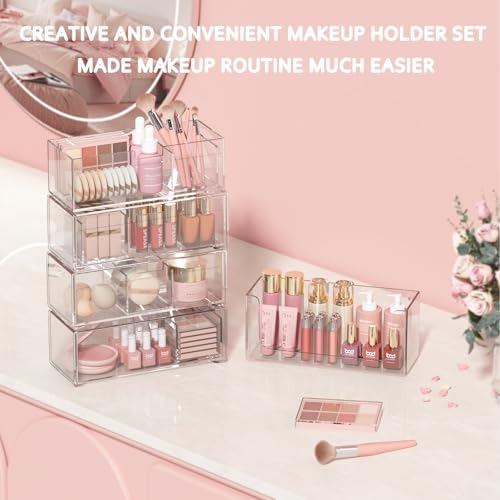 Stackable Storage Drawers Clear Plastic Storage Bins Bathroom Drawer Organizer Medicine Cabinet Organizer Makeup Organizers w Removable Divider Home Workspace Office Desktop Vanity Gift Idea 4Pack - Image 5