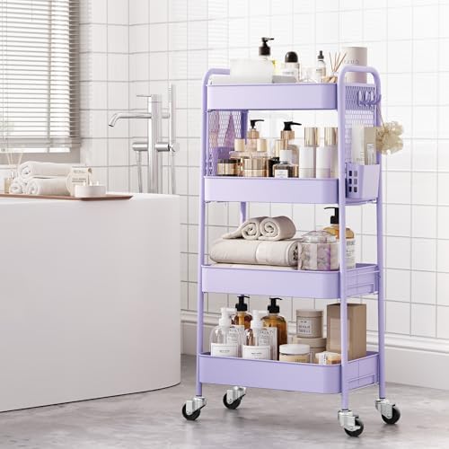 TOOLF 4 Tier Rolling Cart, Metal Utility Storage Cart with Pegboard, Purple - Image 4